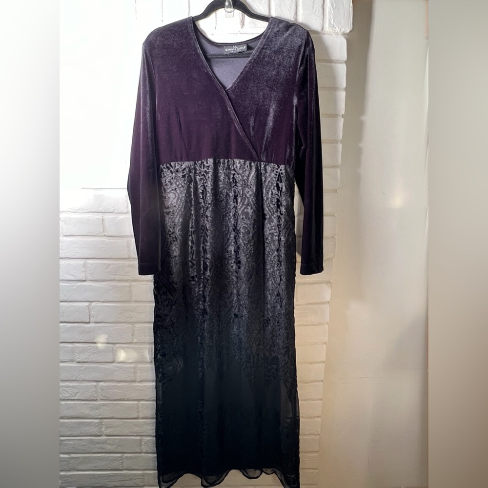 Carole Little Stretch Velvet Burnout Faux Wrap Maxi Dress Size 10 Black #0572